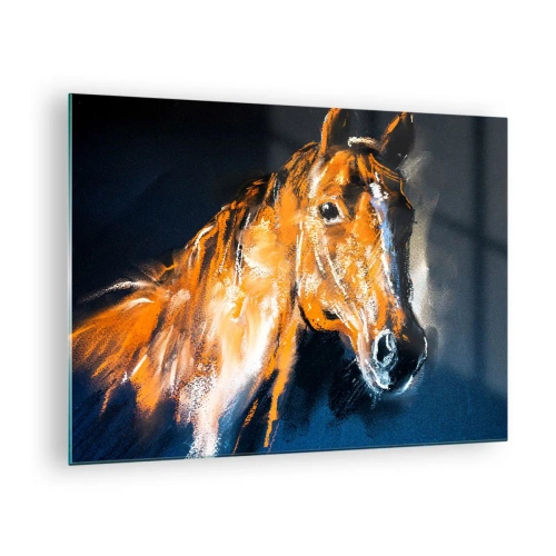 Quadro em vidro - Retrato de um cavalo em tons intensos de marrom sobre um fundo escuro - 70x50cm - E então, vai? - Decoração de parede moderna para a sala de estar e quarto ARTTOR
