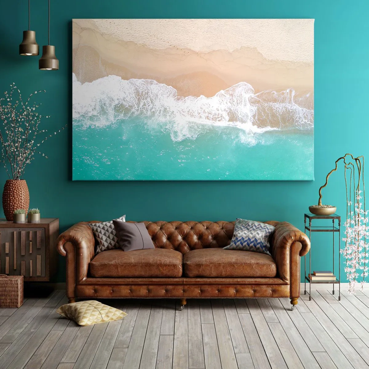 Quadro em tela - Uma vista aérea de uma praia com águas azul-turquesa e ondas suaves - 70x50cm - Toque carinhoso - Decoração de parede moderna para a sala de estar e quarto ARTTOR
