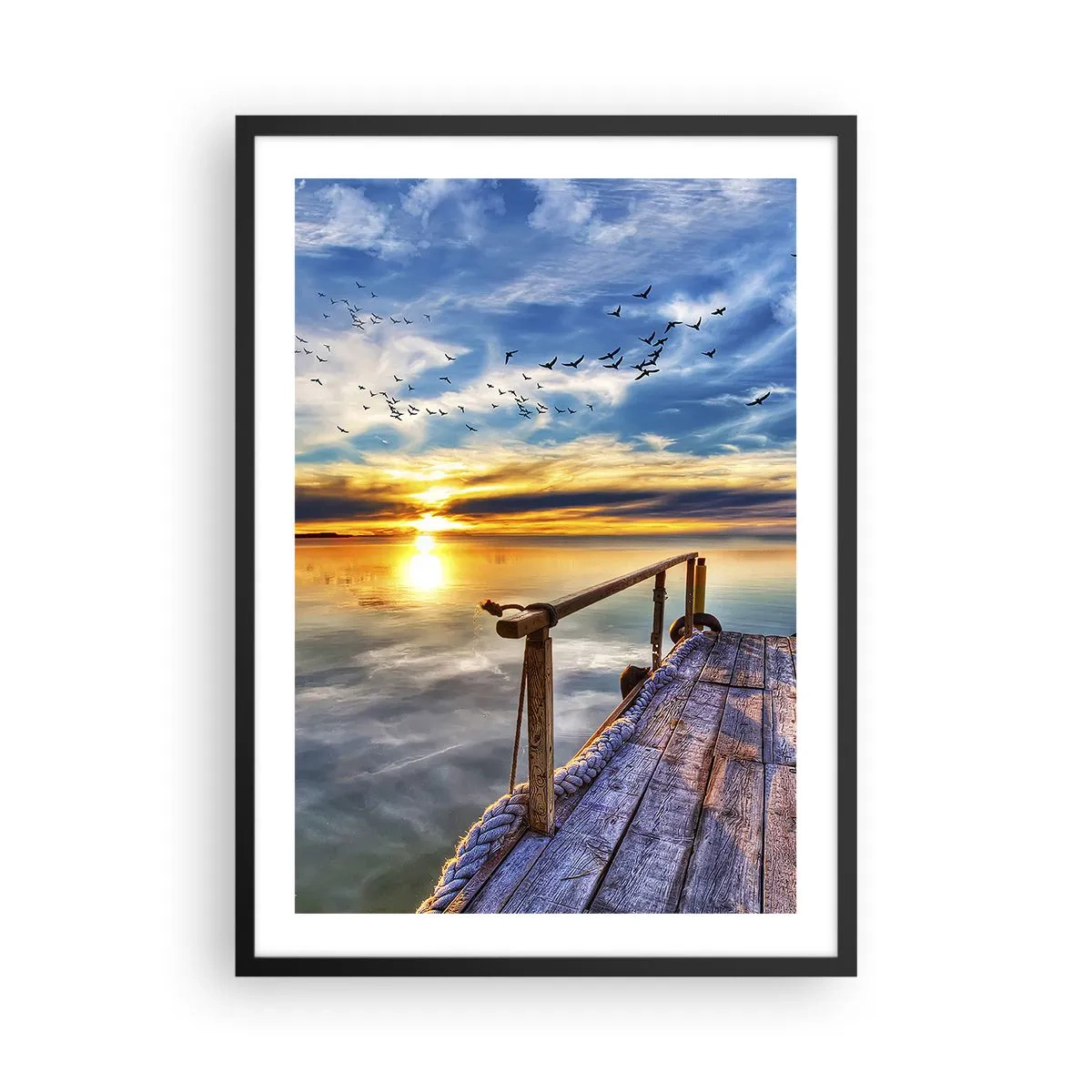 Pôster com moldura preta - Cais de madeira sobre o lago ao pôr do sol - 50x70cm - O vento descansa - Decoração de parede moderna para a sala de estar e quarto ARTTOR