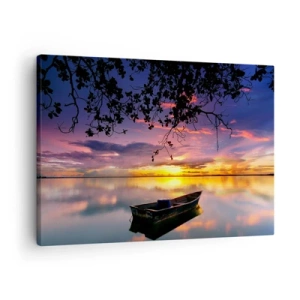 Quadro em tela - Um barco em águas calmas ao pôr do sol - 70x50cm - Parece que estás pendurado no meio do céu… - Decoração de parede moderna para a sala de estar e quarto ARTTOR