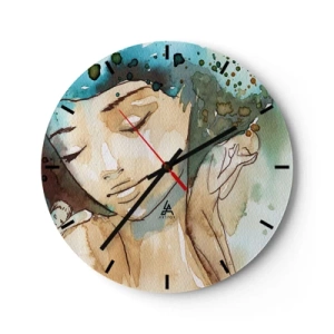 Relógio de parede - Relógio em vidro - Um mostrador de relógio com um motivo de rosto feminino em tons de aquarela - 30x30cm - Dama em azul - Decoração de parede moderna para a sala de estar, cozinha e quarto ARTTOR