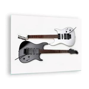 Quadro em vidro - Guitarras elétricas pretas e brancas em um fundo branco - 70x50cm - Harmonia das formas - Decoração de parede moderna para a sala de estar e quarto ARTTOR