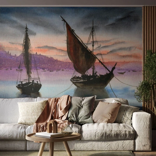 Papel de Parede Standard Eco - Veleiros pitorescos com o pôr do sol como pano de fundo - 100x70cm - Noite no porto - Decoração de parede moderna para a sala de estar e quarto ARTTOR