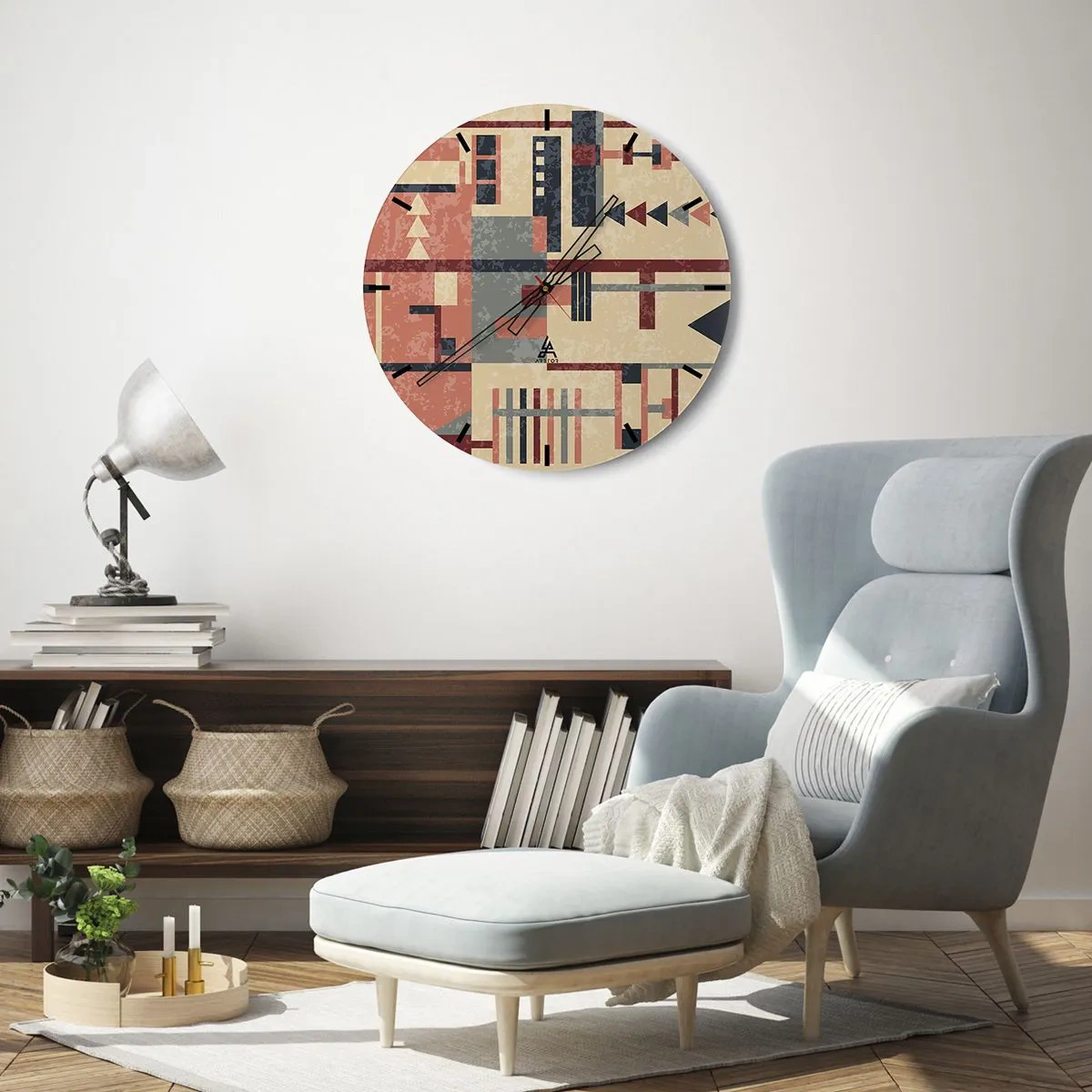 Relógio de parede - Relógio em vidro - Padrão geométrico abstrato em tons de bege, vermelho e cinza - 30x30cm - Combinação de verticais e horizontais - Decoração de parede moderna para a sala de estar, cozinha e quarto ARTTOR