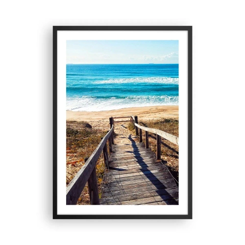 Pôster com moldura preta - Caminho de madeira que leva à praia com vista para o mar - 50x70cm - Corra! - Decoração de parede moderna para a sala de estar e quarto ARTTOR