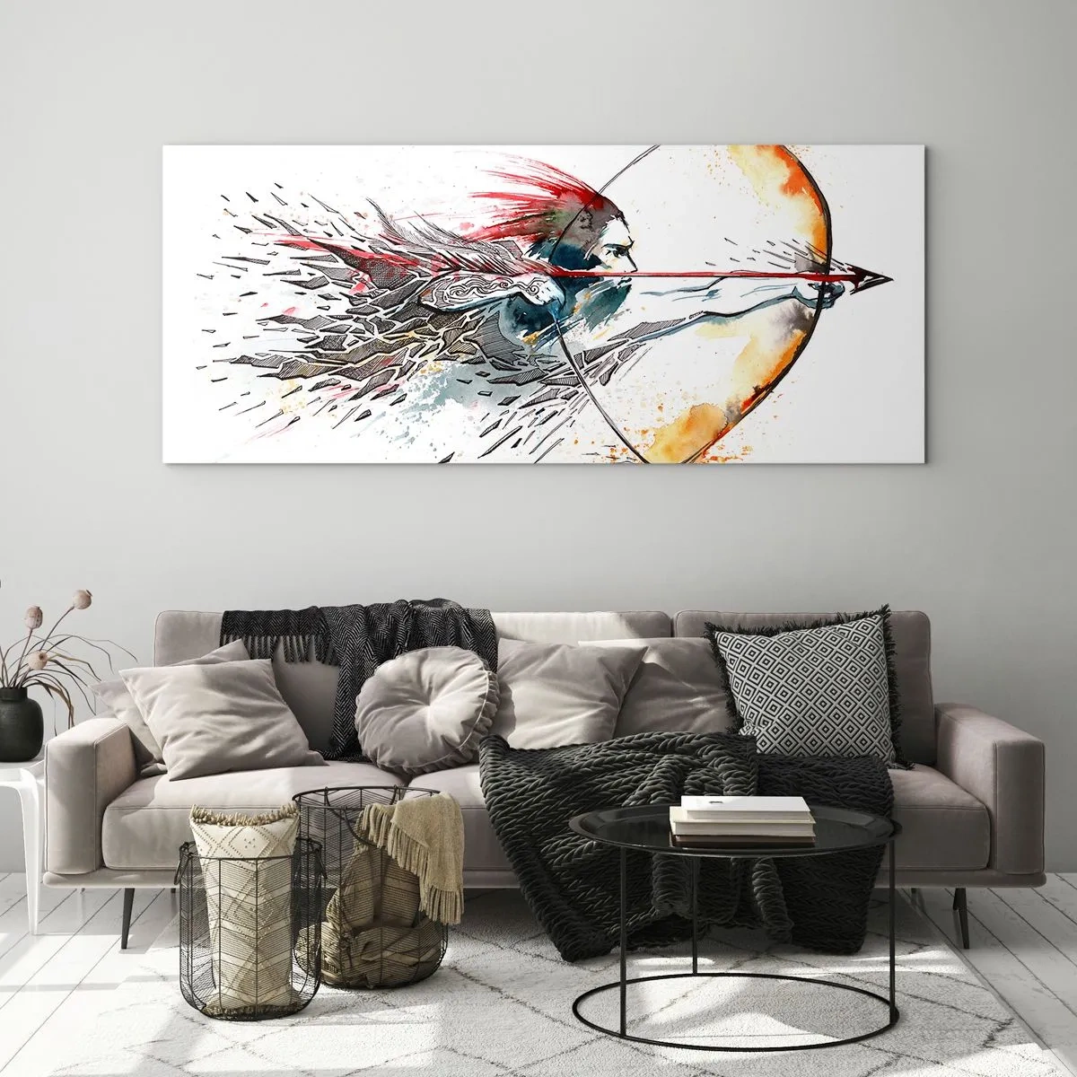 Quadro em vidro - Guerreiro mítico com um arco de fogo - 90x30 cm