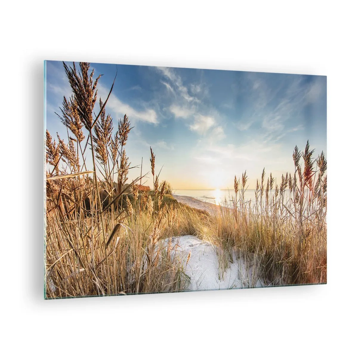 Quadro em vidro - Pôr do sol sobre uma praia com dunas cobertas de grama - 70x50cm - Praia do Norte - Decoração de parede moderna para a sala de estar e quarto ARTTOR