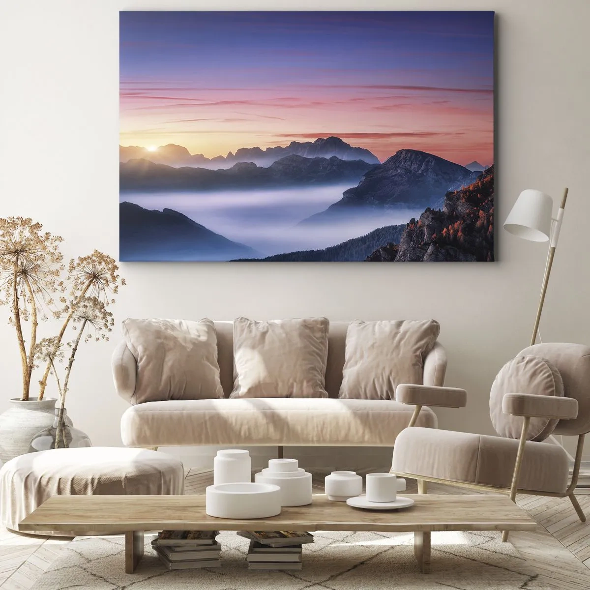 Quadro em tela - Paisagem montanhosa ao nascer do sol com neblina nos vales - 70x50cm - Acima dos vales - Decoração de parede moderna para a sala de estar e quarto ARTTOR