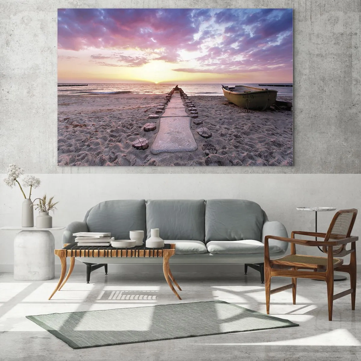 Quadro em vidro - Praia do pôr do sol com barco e píer - 70x50cm - Um momento de profunda experiência - Decoração de parede moderna para a sala de estar e quarto ARTTOR