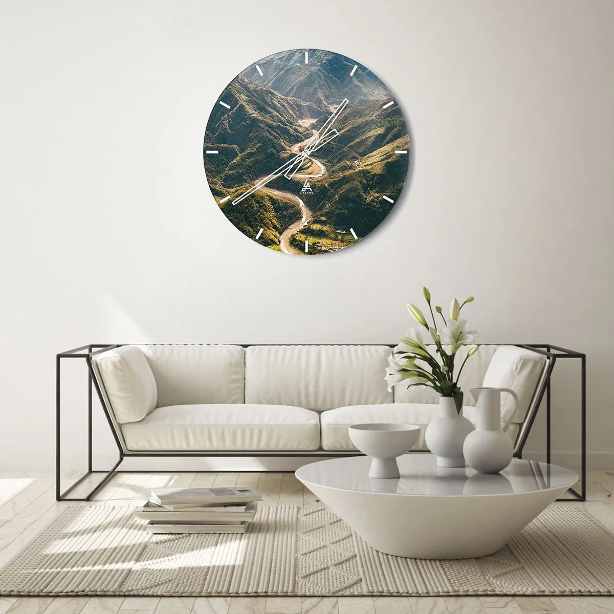 Relógio de parede - Relógio em vidro - Vista aérea de um vale montanhoso com um rio sinuoso - 30x30cm - Direto do coração das montanhas - Decoração de parede moderna para a sala de estar, cozinha e quarto ARTTOR