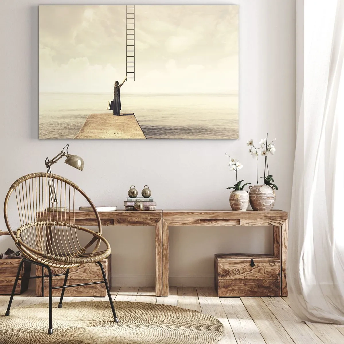 Quadro em tela - Uma mulher em pé em um píer com uma escada que leva ao céu - 70x50cm - Uma viagem mágica - Decoração de parede moderna para a sala de estar e quarto ARTTOR