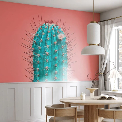 Papel de Parede Standard Eco - Cacto turquesa em um fundo rosa - 100x70cm - Apenas olhe - Decoração de parede moderna para a sala de estar e quarto ARTTOR