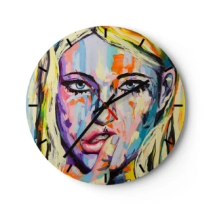 Relógio de parede - Relógio em vidro - Retrato artístico de uma mulher em cores coloridas - 30x30cm - Olhe-a diretamente nos olhos - Decoração de parede moderna para a sala de estar, cozinha e quarto ARTTOR