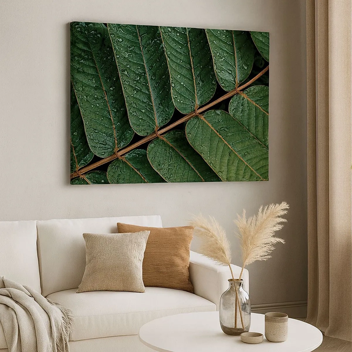 Quadro em tela - Foto macro de folhas verdes com gotas de orvalho - 70x50cm - Num ritmo verde - Decoração de parede moderna para a sala de estar e quarto ARTTOR