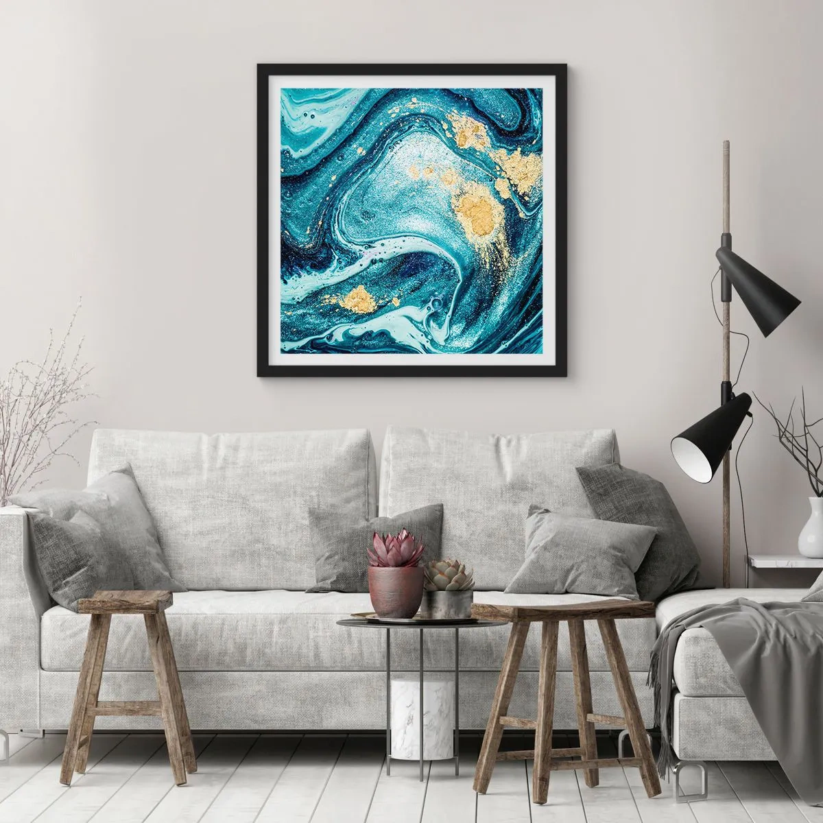 Pôster com moldura preta - Redemoinho azul - 30x30 cm