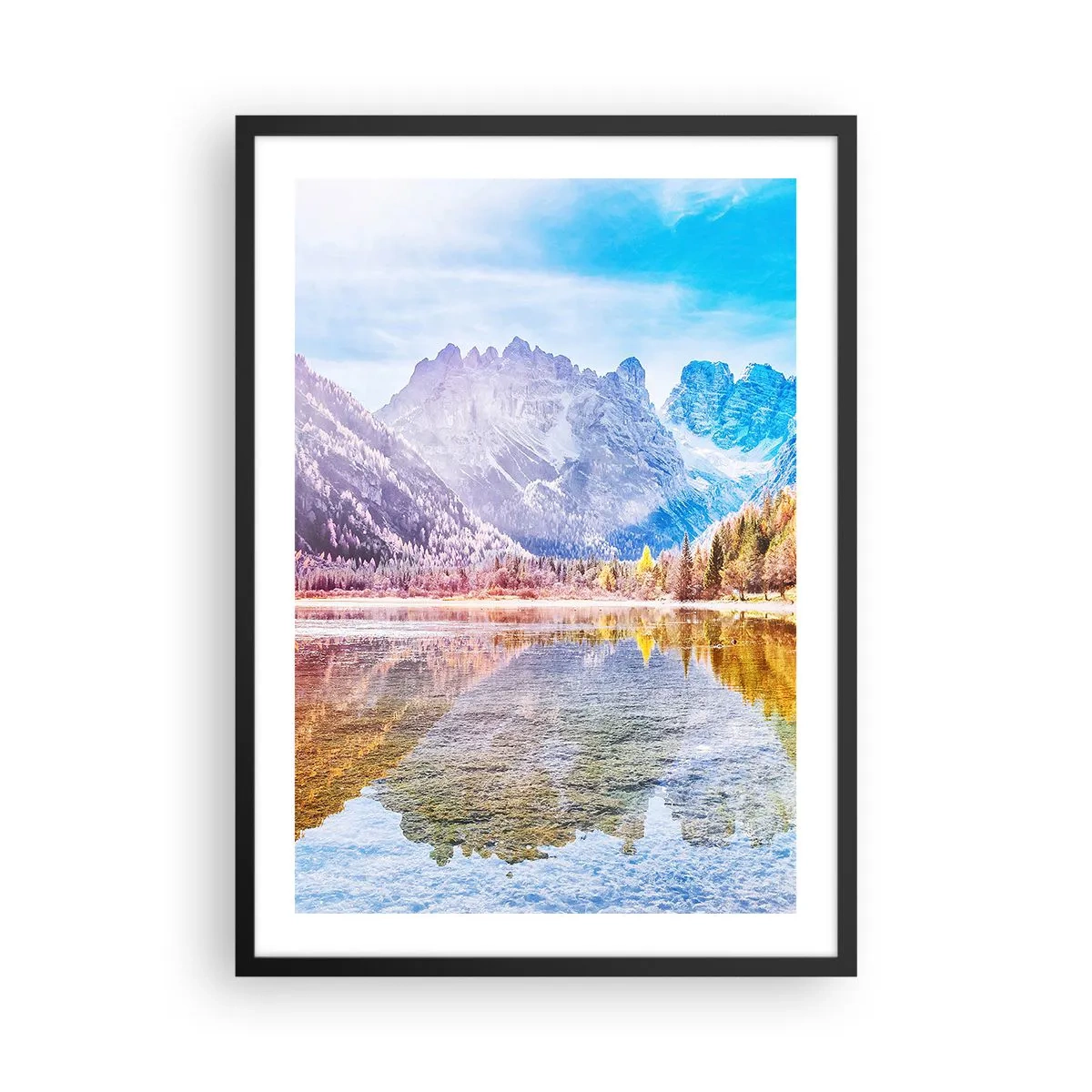Pôster com moldura preta - Paisagem montanhosa com um lago e cores de outono - 50x70cm - E nas montanhas é outono - Decoração de parede moderna para a sala de estar e quarto ARTTOR