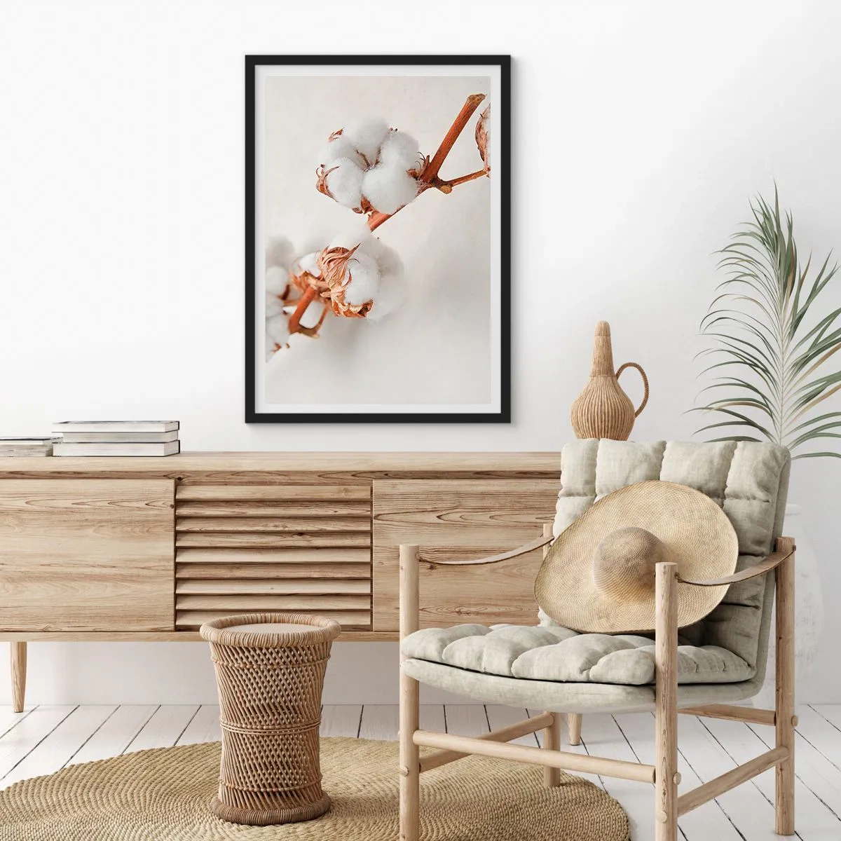 Pôster com moldura preta - Delicados galhos de algodão em um fundo claro - 50x70cm - Apenas acaricie - Decoração de parede moderna para a sala de estar e quarto ARTTOR
