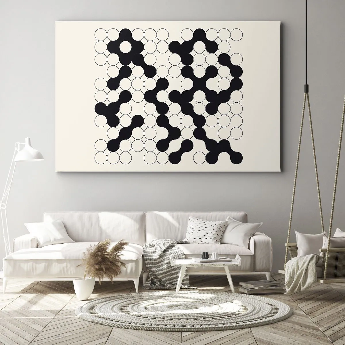 Quadro em tela - Padrões em preto e branco com círculos em um fundo claro - 70x50cm - Jogo chinês – variação - Decoração de parede moderna para a sala de estar e quarto ARTTOR