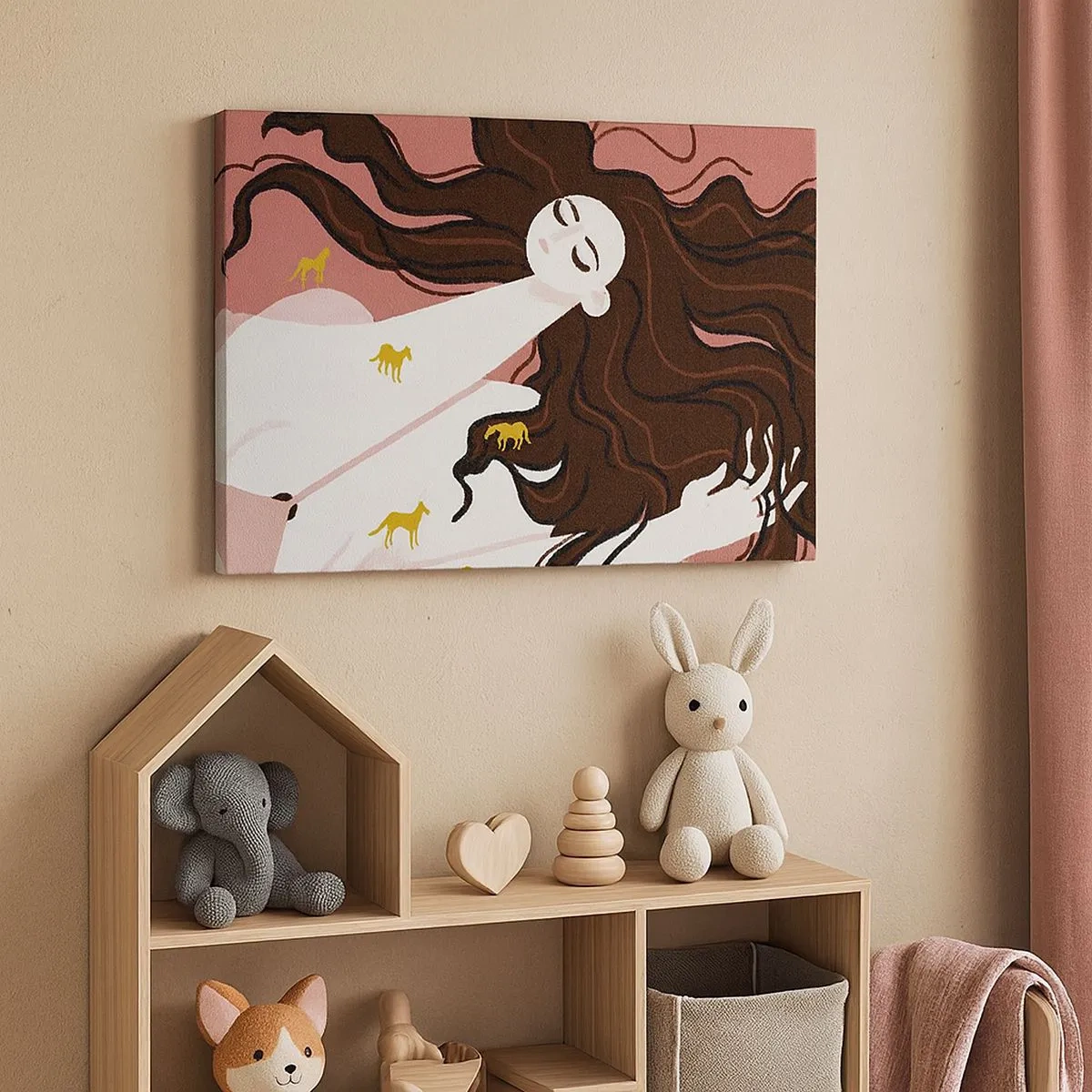 Quadro em tela - Uma figura com os olhos fechados rodeada por cavalos dourados - 70x50cm - Sonho com um cavalo dourado - Decoração de parede moderna para a sala de estar e quarto ARTTOR