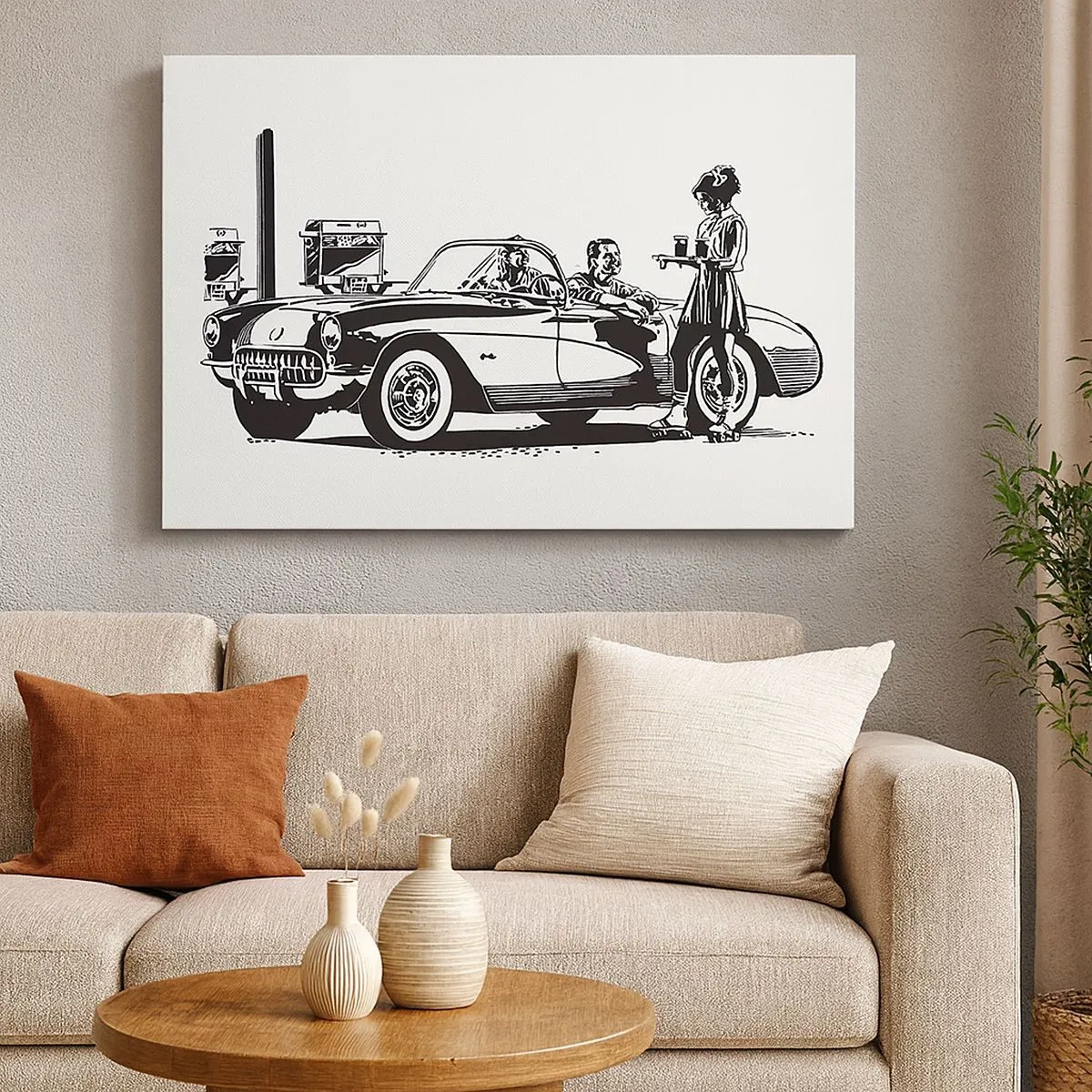 Quadro em tela - Uma cena retrô em preto e branco com um carro e uma garçonete de patins. - 70x50cm - 60º - América Despreocupada - Decoração de parede moderna para a sala de estar e quarto ARTTOR