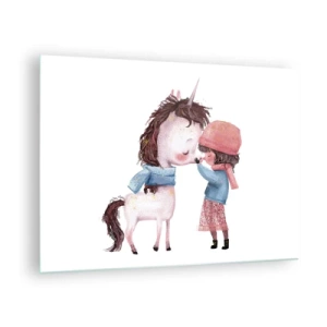 Quadro em vidro - Uma menina e um unicórnio em um cenário de inverno - 70x50cm - Conto do inverno - Decoração de parede moderna para a sala de estar e quarto ARTTOR