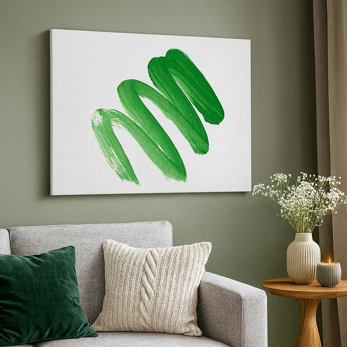 Quadro em tela - Pincelada abstrata verde sobre fundo branco - 70x50cm - Piada verde - Decoração de parede moderna para a sala de estar e quarto ARTTOR