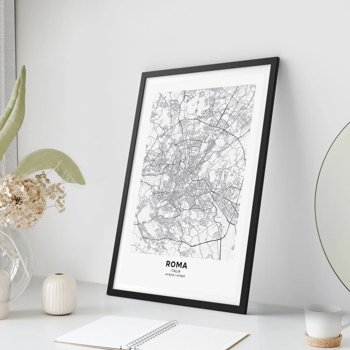 Pôster com moldura preta - Mapa preto e branco de Roma com ruas e monumentos detalhados - 50x70cm - Círculo romano - Decoração de parede moderna para a sala de estar e quarto ARTTOR
