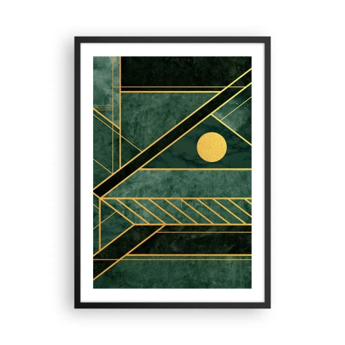 Pôster com moldura preta - Abstração geométrica em verde com detalhes dourados - 50x70cm - A dinâmica do ouro e do azul - Decoração de parede moderna para a sala de estar e quarto ARTTOR
