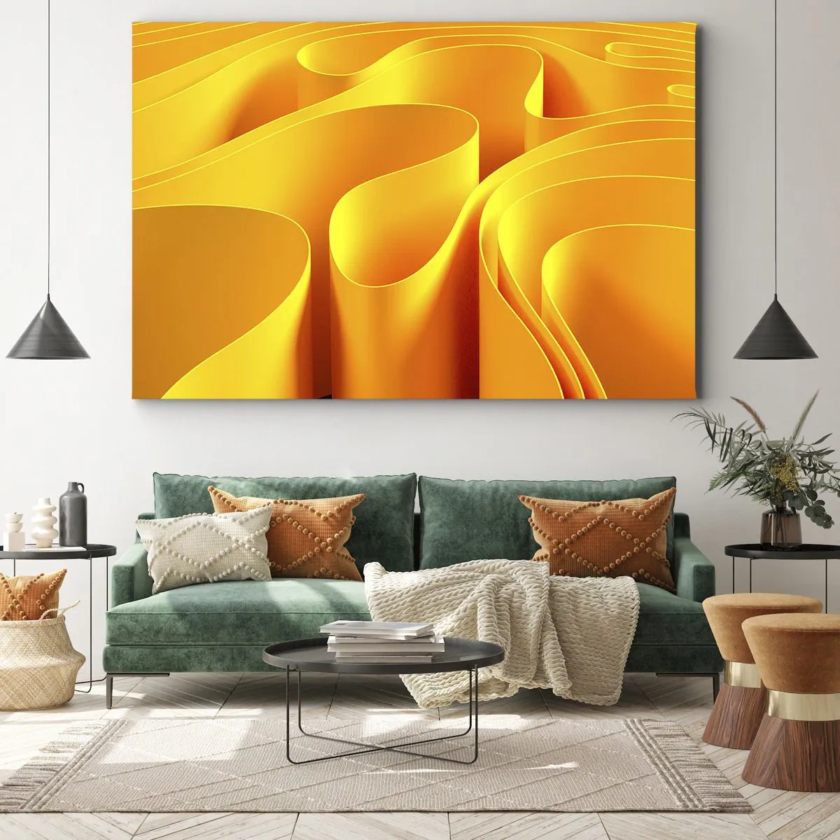 Quadro em tela - Ondas abstratas amarelas que lembram raios de sol - 70x50cm - Como as ondas do sol - Decoração de parede moderna para a sala de estar e quarto ARTTOR
