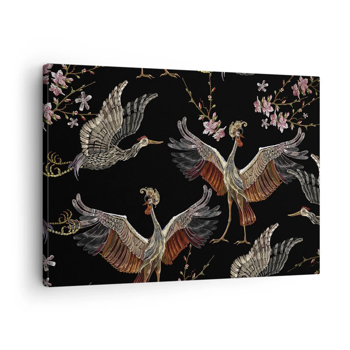 Quadro em tela - Guindastes e flores elegantes em um fundo preto - 70x50cm - O pássaro de conto de fadas - Decoração de parede moderna para a sala de estar e quarto ARTTOR