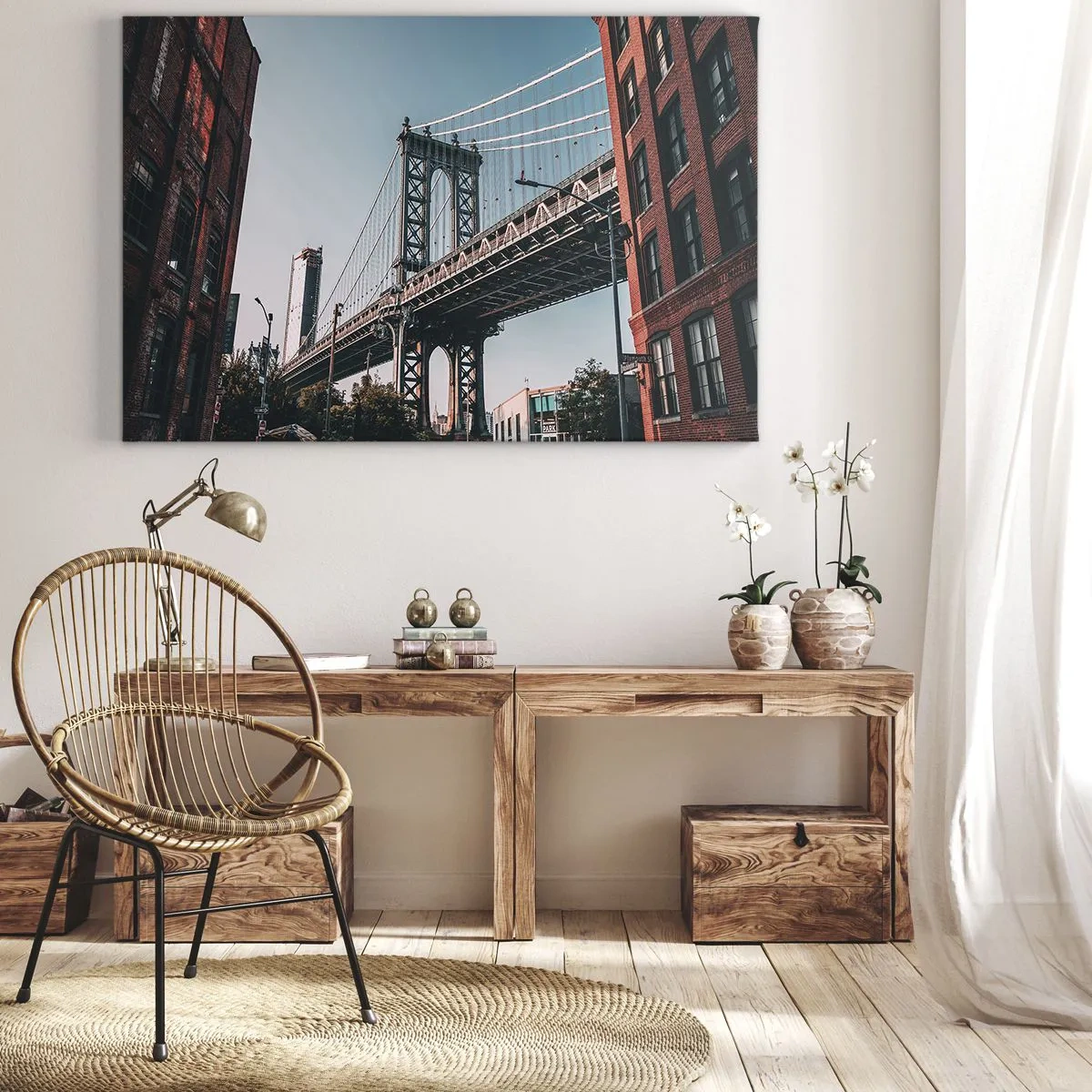 Quadro em tela - Uma ponte entre edifícios em uma paisagem urbana - 70x50cm - Sobre as ondas da cidade - Decoração de parede moderna para a sala de estar e quarto ARTTOR