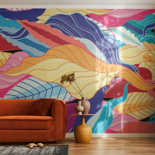 Papel de Parede Premium Sand - Bagunça colorida - Abstração, Folhas coloridas, Pedaço - 500x350 cm