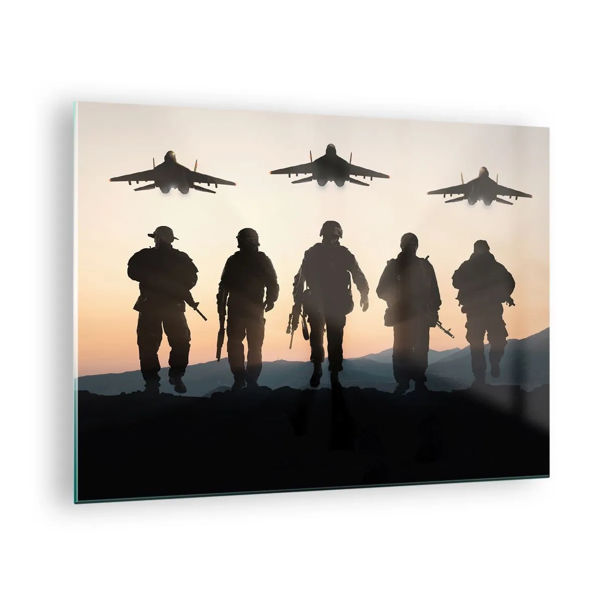 Quadro em vidro - Soldados tendo como pano de fundo o pôr do sol e jatos - 70x50cm - Bem-vindo ao nosso mundo - Decoração de parede moderna para a sala de estar e quarto ARTTOR
