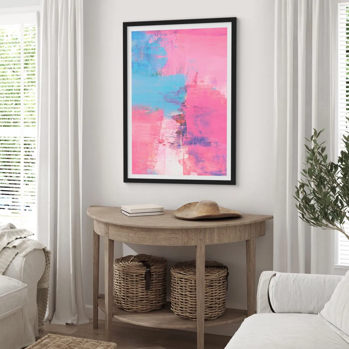 Pôster com moldura preta - Composição abstrata em tons de rosa e azul - 50x70cm - Rosa, azul e uma pitada de luz - Decoração de parede moderna para a sala de estar e quarto ARTTOR