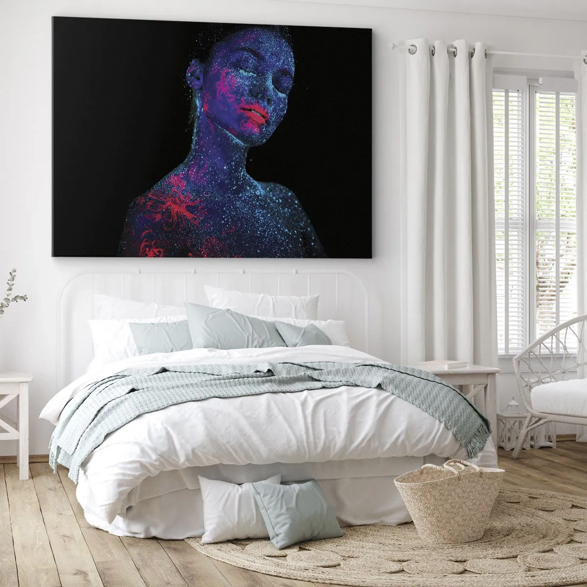 Quadro em tela - Retrato de uma mulher em cores neon sobre fundo preto - 70x50cm - Na poeira estelar - Decoração de parede moderna para a sala de estar e quarto ARTTOR
