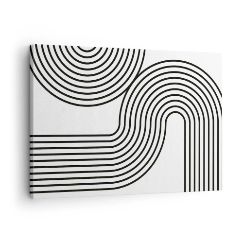 Quadro em tela - Uma pintura abstrata com linhas pretas criando padrões geométricos em um fundo branco. - 70x50cm - Na curva - Decoração de parede moderna para a sala de estar e quarto ARTTOR
