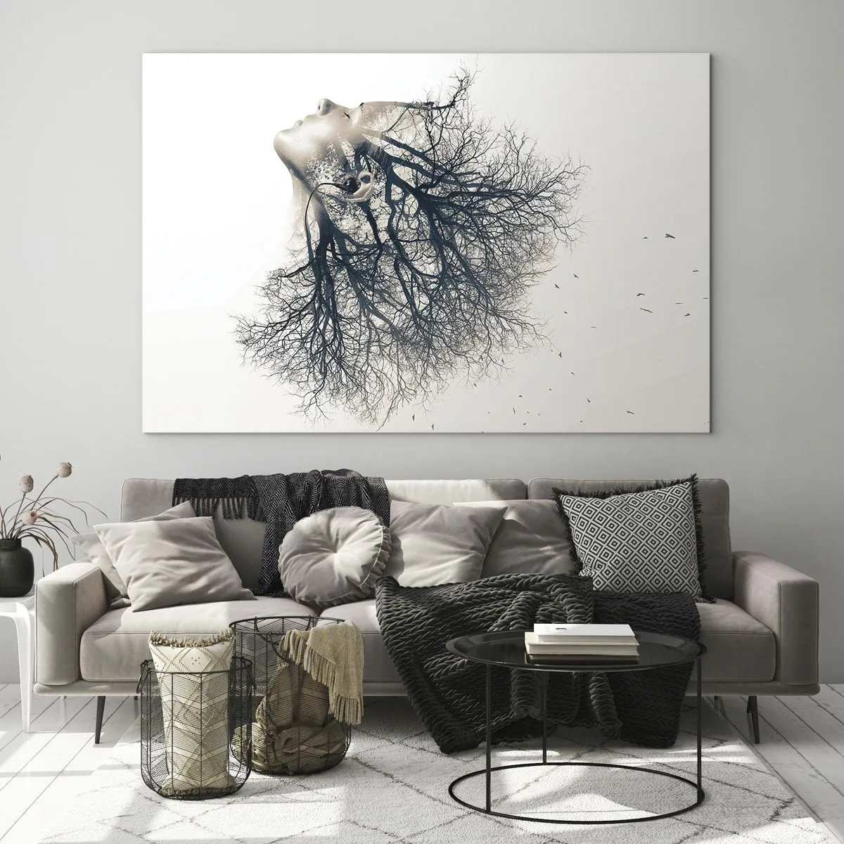 Quadro em vidro - Silhueta de uma mulher com galhos como cabelo - 70x50cm - Ouvir o sussurro da árvore - Decoração de parede moderna para a sala de estar e quarto ARTTOR