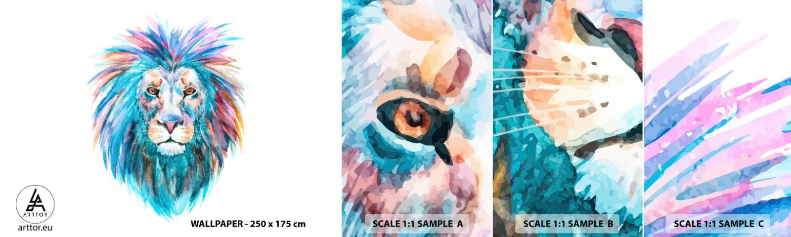 Amostra de papel de parede autocolante Deluxe Sticker - Aura eletrizante - Animais, Leão, Abstração - 100x30 cm