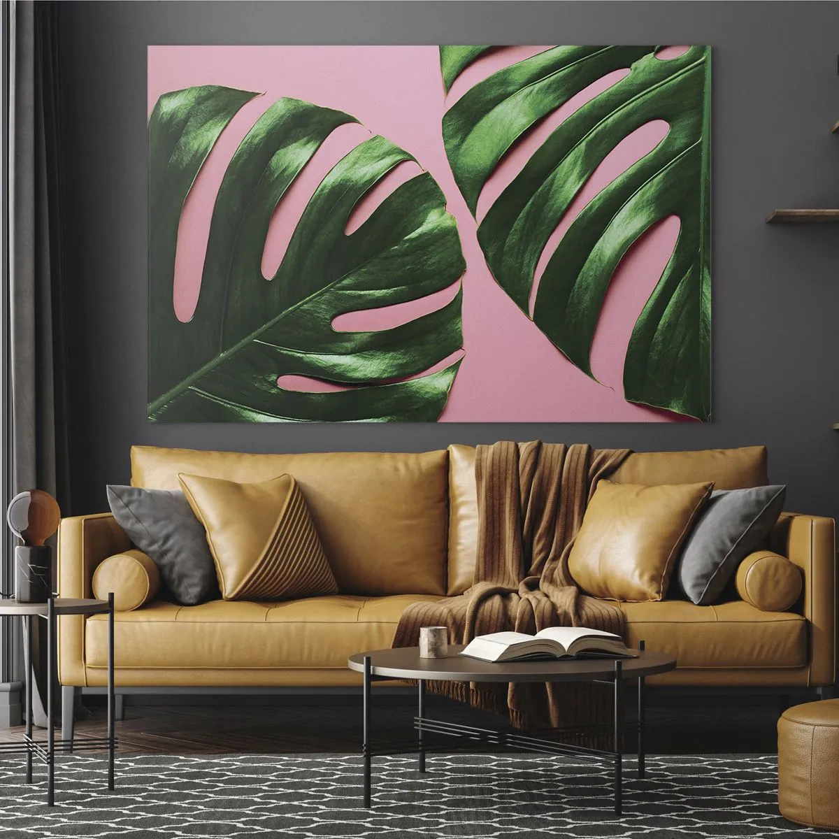 Quadro em vidro - Folhas verdes de monstera em um fundo rosa - 70x50cm - Encontro verde - Decoração de parede moderna para a sala de estar e quarto ARTTOR