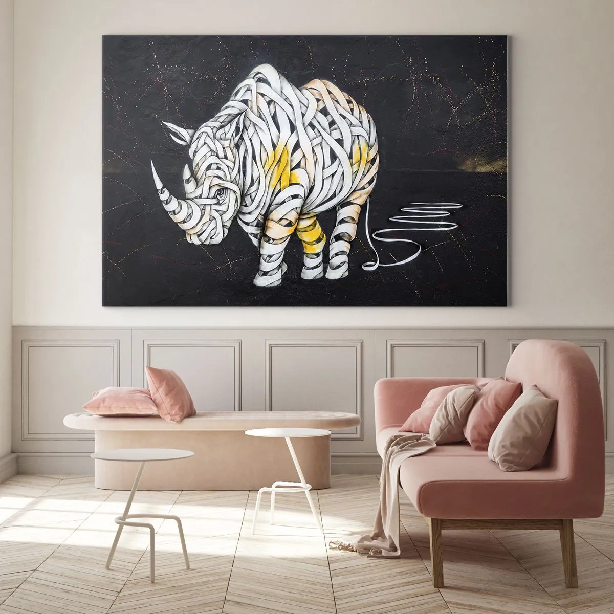 Quadro em vidro - Desenho abstrato de um rinoceronte em forma de listras - 70x50cm - Dizer que é casca grossa é um mito - Decoração de parede moderna para a sala de estar e quarto ARTTOR