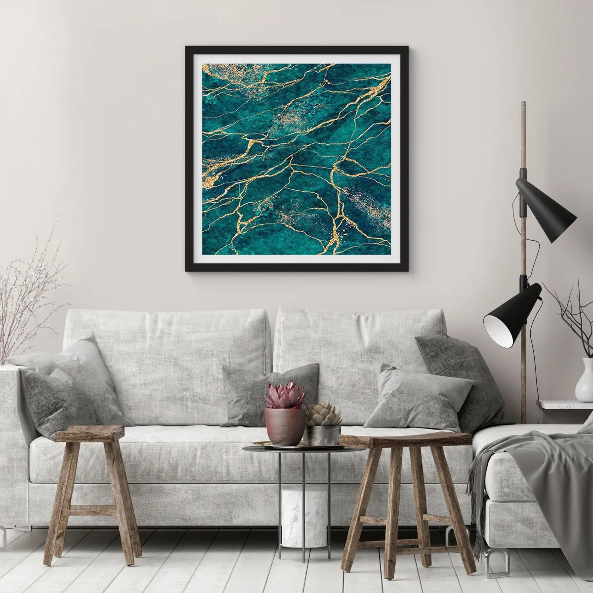 Pôster com moldura preta - Veia dourada - 60x60 cm