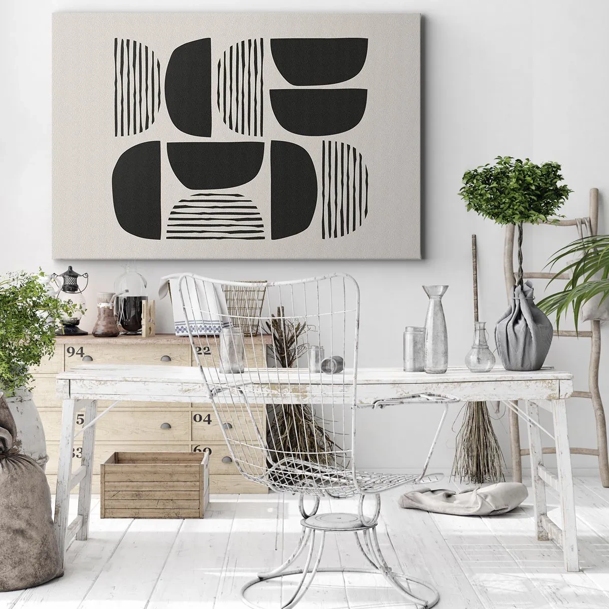 Quadro em tela - Geometria com semicírculos e linhas em preto sobre fundo claro - 70x50cm - Ofertas indiferentes - Decoração de parede moderna para a sala de estar e quarto ARTTOR