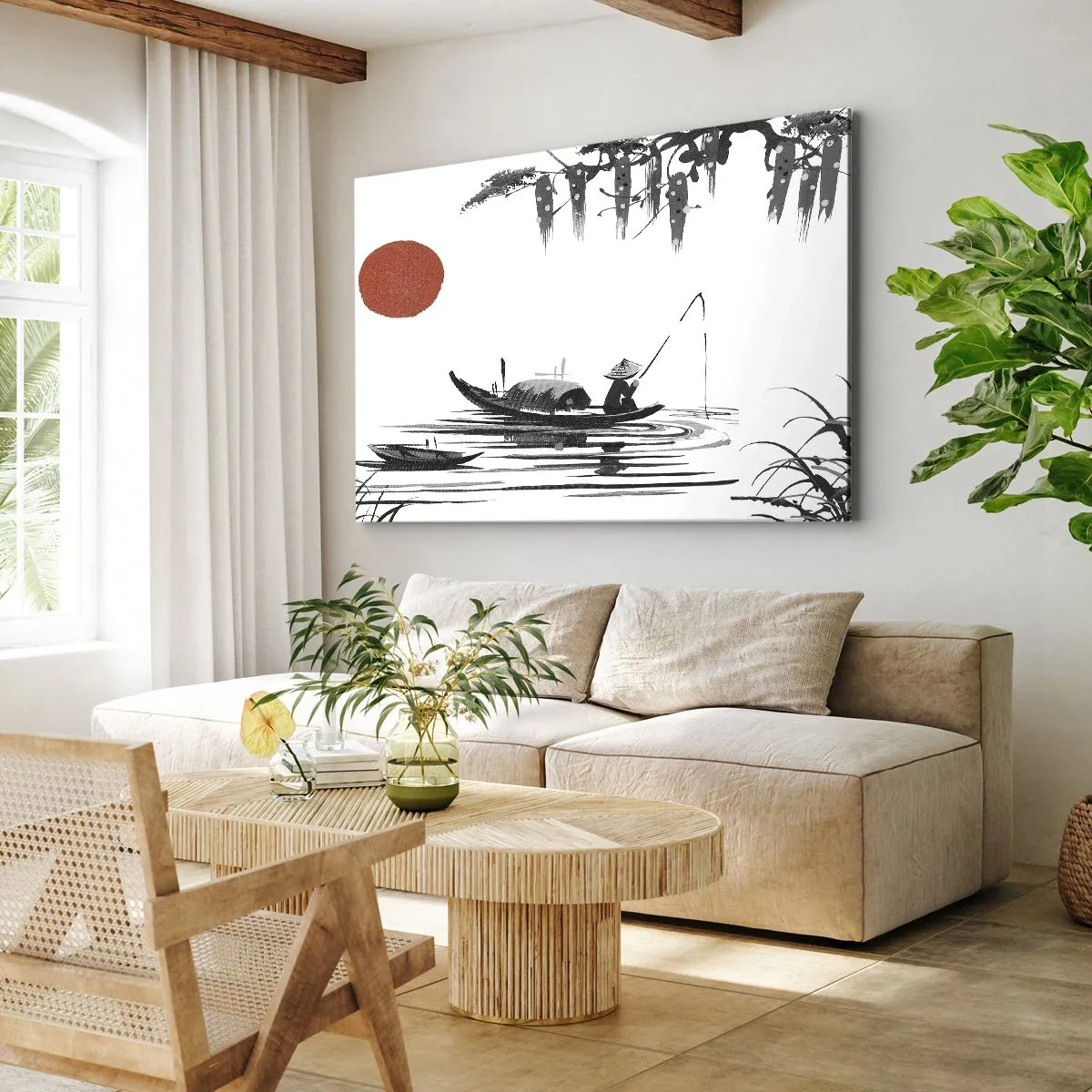Quadro em tela - Paisagem oriental com um pescador em um barco e um sol vermelho - 70x50cm - Tarde asiática - Decoração de parede moderna para a sala de estar e quarto ARTTOR