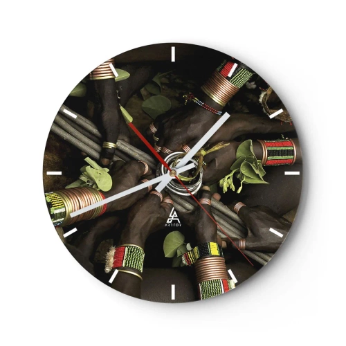 Relógio de parede - Relógio em vidro - Pulseiras e símbolos tribais tradicionais - 30x30cm - Estamos juntos - Decoração de parede moderna para a sala de estar, cozinha e quarto ARTTOR