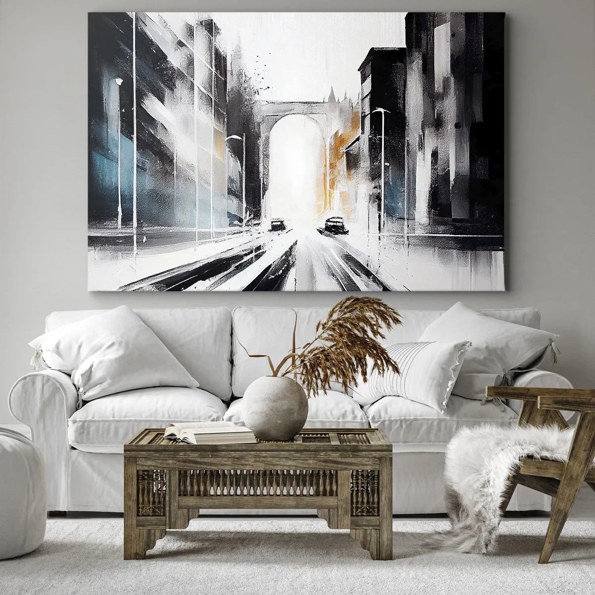 Quadro em tela - Panorama abstrato da cidade com uma ponte em arco - 70x50cm - Estudo da cidade: arquitetura e movimento - Decoração de parede moderna para a sala de estar e quarto ARTTOR