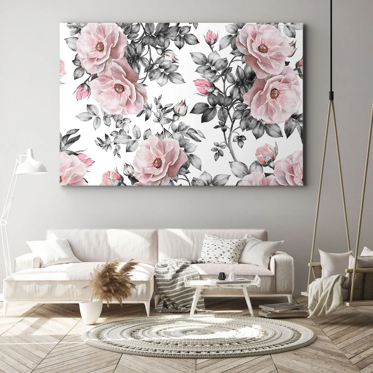 Quadro em tela - Rosas e folhas cor de rosa em um delicado fundo preto e branco - 70x50cm - Perder-se nas rosas - Decoração de parede moderna para a sala de estar e quarto ARTTOR