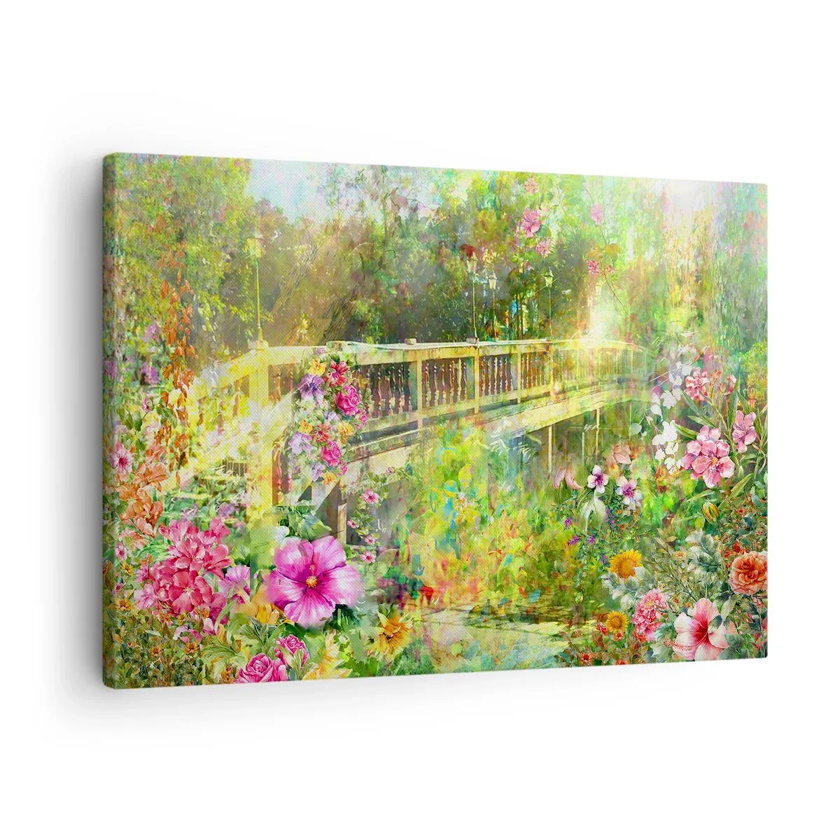 Quadro em tela - Uma ponte cercada por vegetação exuberante e flores - 70x50cm - A ponte dos suspiros da primavera - Decoração de parede moderna para a sala de estar e quarto ARTTOR
