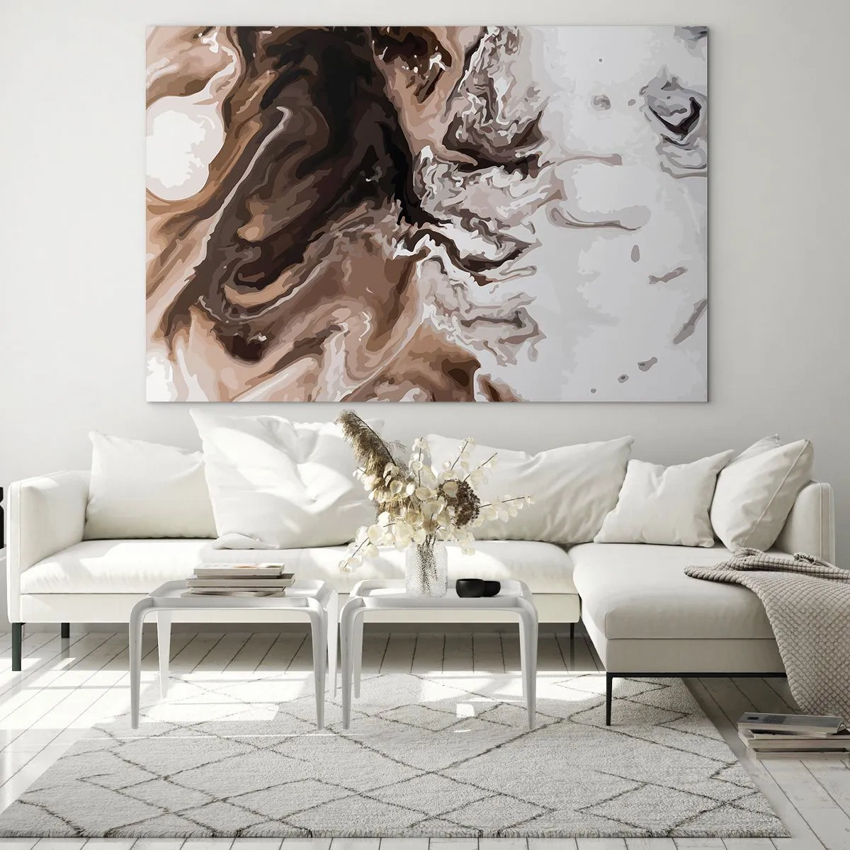 Quadro em vidro - Padrão abstrato em tons escuros de marrom e branco - 70x50cm - Contraste de cores - Decoração de parede moderna para a sala de estar e quarto ARTTOR