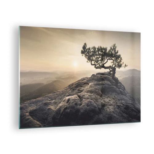 Quadro em vidro - Uma árvore sobre uma rocha à luz do sol nascente - 70x50cm - A vida ganha sempre - Decoração de parede moderna para a sala de estar e quarto ARTTOR