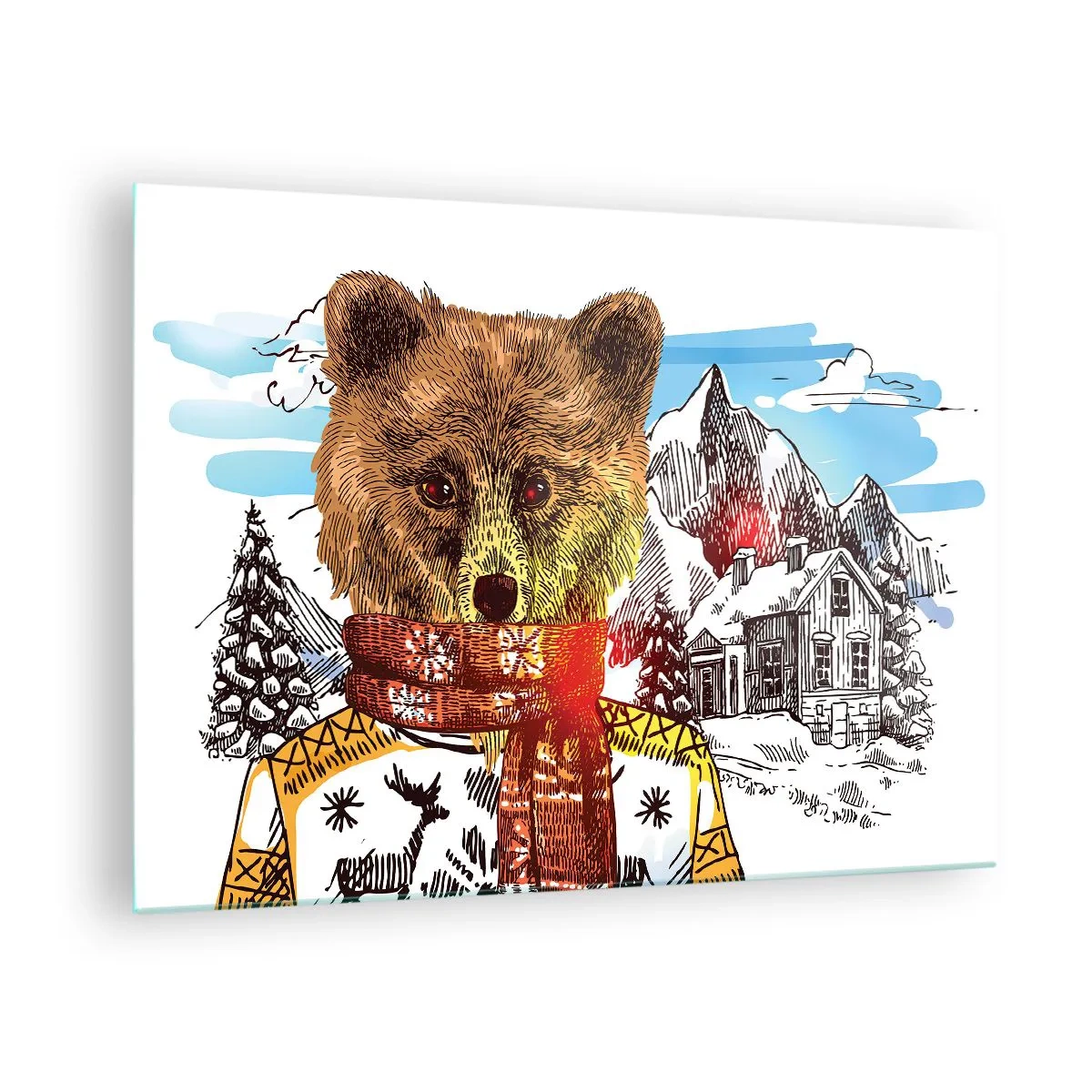Quadro em vidro - Um urso com um suéter e cachecol com montanhas e uma casa ao fundo. - 70x50cm - Cabana de urso - Decoração de parede moderna para a sala de estar e quarto ARTTOR